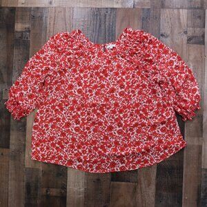 Max Studio Womans 3X Red Poppy Floral 3/4 Sleeve Top Keyhole Back Blouse